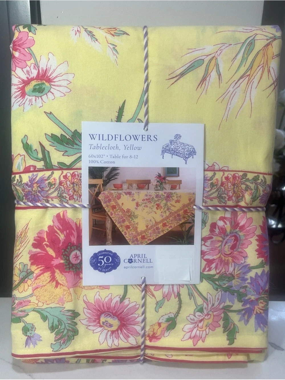 April Cornell Border Tablecloth Wildflowers Yellow 60” x 102” 100% Cotton NWT